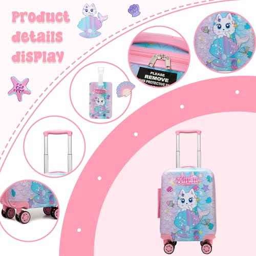 Image of Cute Cat Kid's Luggage Set 2 Piece Suitcase Set 16 inch Hardside Luggage with Spinner Wheels Girls Carry on Toddler Travel Rolling Luggage Airline Approved