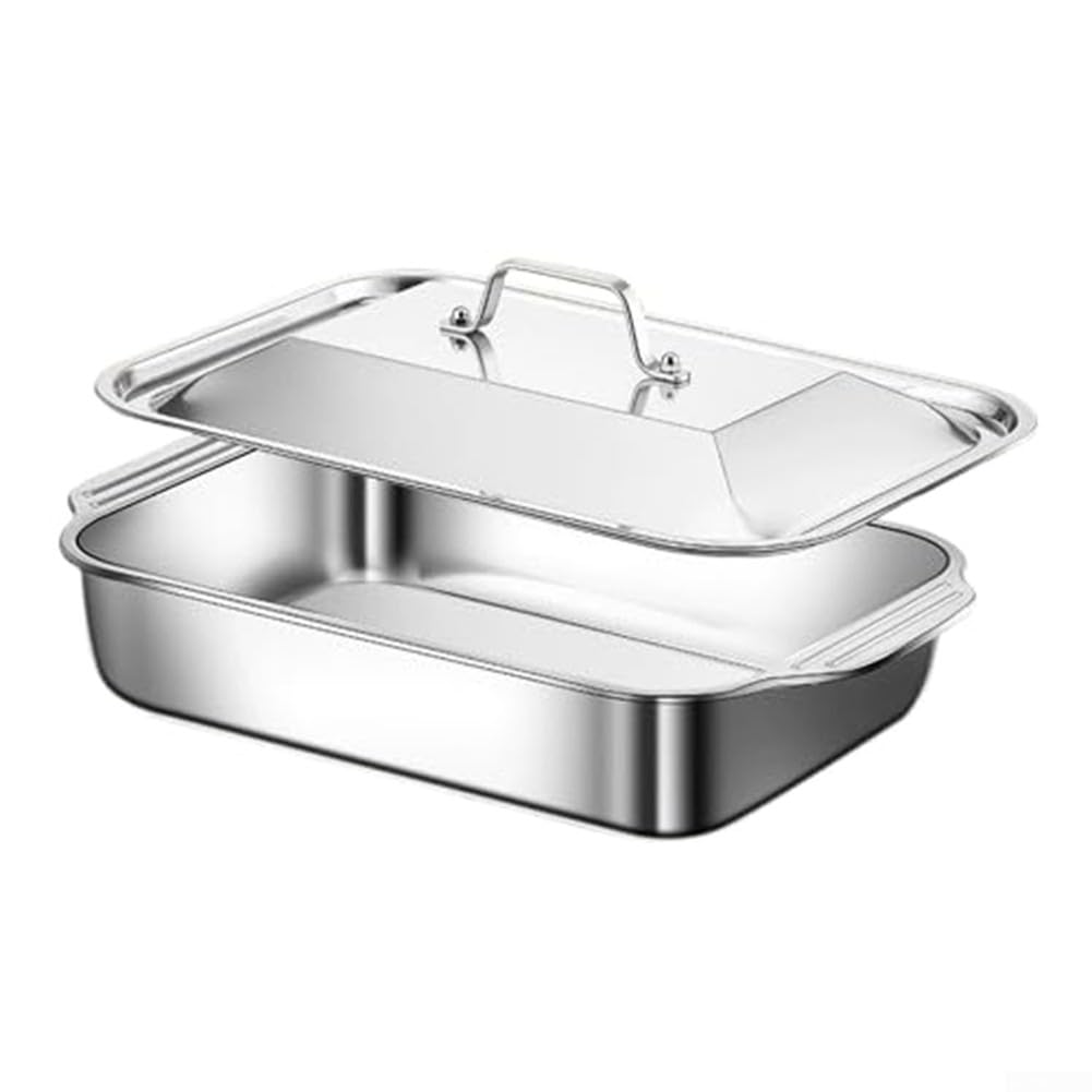 45,7 x 27,9 cm Edelstahl-Lasagneform mit Deckel, handelsübliche Auflaufform mit Griffen für Aufläufe, Braten und Desserts (45 Tiefe)