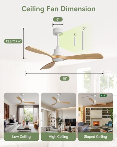 Image of Sofucor 48 Inch Wood Ceiling Fan No Light with Remote, Modern, 3 Blades | Ceiling Fan without Light, Quiet Reversible DC Motor, 6 Speed, Indoor /Covered Outdoor /Bedroom /Living Room /Patio, Natural Wood