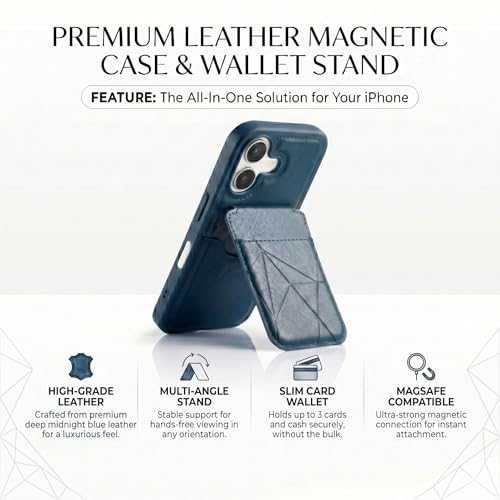 Image of amazon basics Premium Vegan Leather Back Cover with Card Holder and Integrated Mobile Stand for iPhone 17 - Slim Shockproof Wallet Case with Geometric Stitching [Blue]