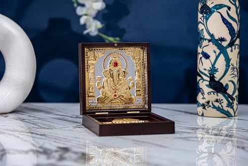 Image of Idolkart Ganesh Pocket Temple 24 Karat Gold Coated - Ganesha Photo Frame, Gift, Vinayaka Photo, Ganesh Charan Paduka for Wealth, Prosperity and Vastu Benefits - Gift for Diwali, Occassions - 2x3 Inch
