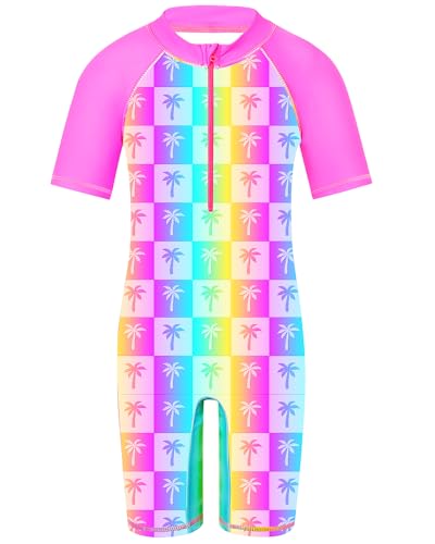 Image of TFJH E Short Sleeve Girls Swimsuits UV 50+ One Pieces Zipper 2-14Y | From beach vacations and pool parties to cruises and water parks, this colorful floral swimsuit is her summer favorite