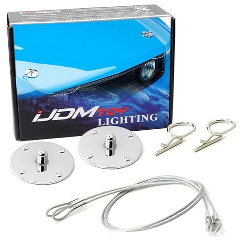 iJDMTOY 2.5-Inch Polished Silver/Chrome Finish Classic Muscle Car Quick Release Lock/Latch Pin Aesthetic Kit w/ Metal Cables, Compatible with Any Car, Truck, SUV, etc