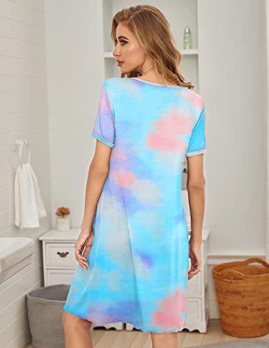 Image of Ekouaer Women's Nightgown Short Sleeve Sleepwear Comfy Sleepshirts Pleated Scoopneck Nightshirt S-XXXL