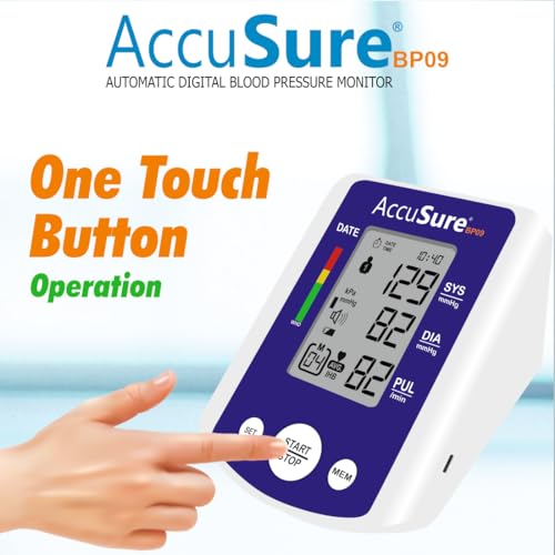 Image of AccuSure BP09 Digital Blood Pressure Monitor - Automatic Upper Arm BP Machine for Home Use, Large Display, WHO Indicator, Dual User Memory, Adjustable Cuff (22-40 cm), USB Type-C & Battery Powered | 2 Year Warrenty-WB