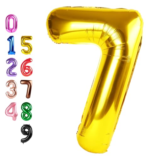 Image of Number Balloons 7 Balloon Gold for 7th Birthday Party Decoration, 40 inch | Saturated Color, Large 40 inch, With Straw & Hanging Holes, For Back-To-School Season, Thanksgiving, Christmas, New Year