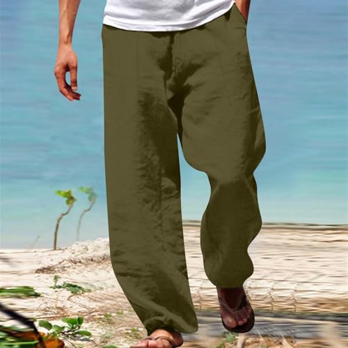 Men's Cotton Linen Drawstring Pants Elastic Waist Casual Summer Beach Pants w/Pockets2