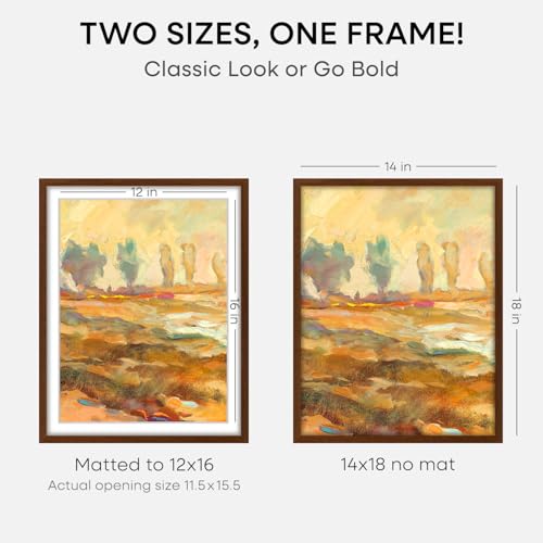 Image of Homeforia 14x18 Picture Frame Brown, High End Dark Oak 14x18 Poster Wood Frame with Mat 12x16 for Photo, 14 x 18 Wooden Walnut Frame Matted to 12 x 16, 18x14 Frames, Tempered Glass, Wall Kit, Set of 2