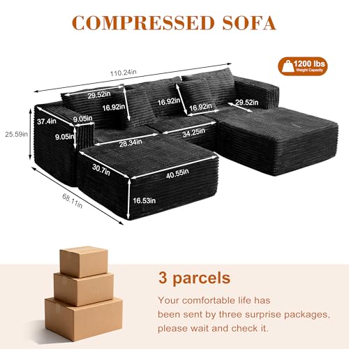 Image of 110 Corduroy Modular Sectional Boneless Sofa with 2 Ottomans, Convertible Cloud Couch with Deep Seats, Fluffy Memory Foam U Shaped Couch for Living Room, No Assembly Required (Black)