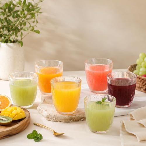 Image of bellemax 300ML Ribbed Drinking Glasses | Premium Clear Juice Glass Tumbler Set | Water, Soft Drinks, Mocktails, Cocktails, Cold Coffee & Beverage Glasses | Home & Kitchen Glassware(Set of 6)