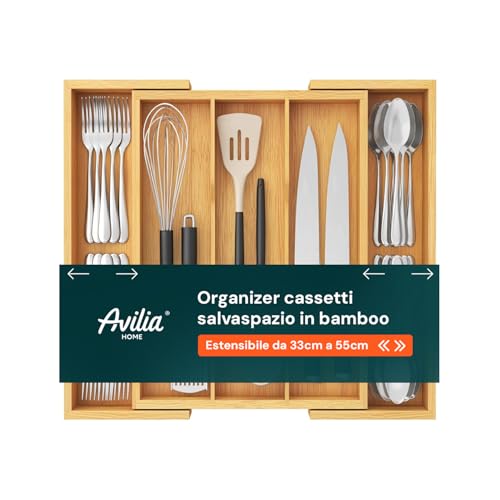 Avilia Porta Posate con 5 Scomparti Estensibile in Bambù - Organizer Cucina da Cassetto, Divisori per Cassetti Regolabili da 33 cm a 55 cm, Organizer Cassetti Salvaspazio, 43x5 cm