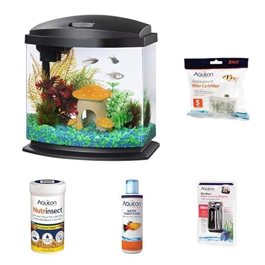 Aqueon LED MiniBow Small Aquarium Fish Tank Kit, Black, 2.5 Gallon, 3 Pack Replacement Filter Cartridges, Cleaning Magnet, Water Conditioner, and Nutrinsect Fish Food, Tropical Flakes Bundle