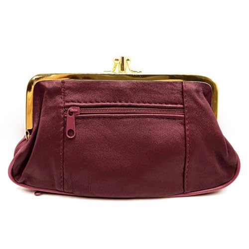 Charmoni - Grande Portefeuille Porte Monnaie Femme - à Fermeture clic clac Fermoir - Poche zippée - en Cuir d'agneau (Bordeaux)