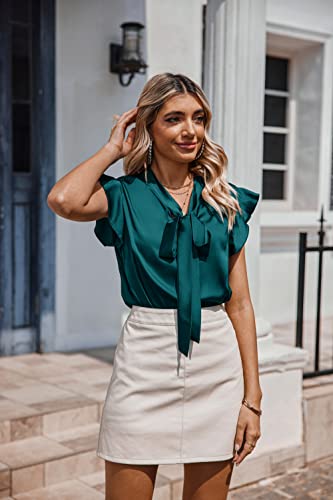 Zeagoo Sleeveless Blouses For Women Silk Shirt Ruffle Trim Bow Top Spring Summer Blue Green #TOP2