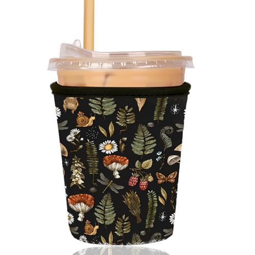 Image of Reusable Insulated Sleeve for Iced Coffee Cup, Coffee Neoprene Sleeve for Cold & Hot Drinks, Beverage Holder for Iced Coffee (Mushroom Mirage, Small: 16-18oz)
