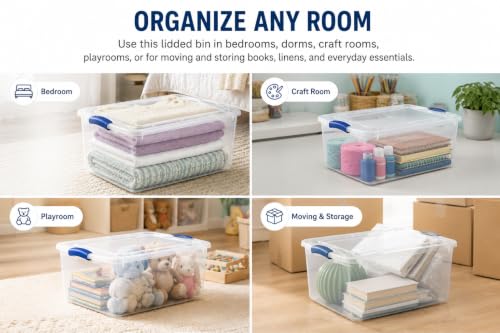 Image of 32 Quart Clear Latching Storage Bin with Lid, Under Bed Storage Container, Stackable Plastic Bin for Linens, Seasonal Clothes