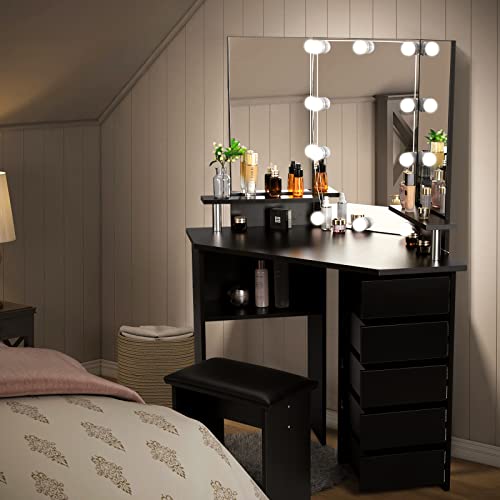 Vowner Vanity With Lights - Vanity Desk With 3 Color Lighting Options, Brightness Adjustable, Vanity Table With 5 Rotating Drawers, Shelves And Stool, Corner Vanity For Women Girls, Black 43“ L #TOP6