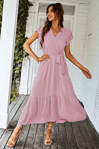 PRETTYGARDEN Women's Summer Floral Boho Maxi Dress Wrap Short Sleeve V Neck Ruffle A-Line Flowy Wedding Guest Long Dresses