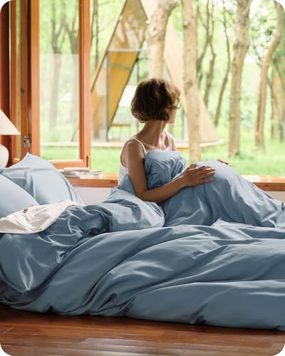 Image of Bedsure Cooling Duvet Cover King Size, Cotton & Viscose Derived from Bamboo Duvet Cover Set, PureWoven Ultra-Soft, Breathable & Lightweight Home Bedding for All Seasons (Dusty Blue,104 inchx90 inch)