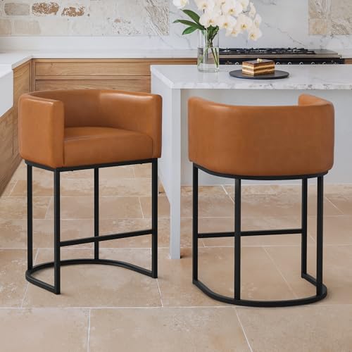 Image of LUE BONA Counter Height Bar Stools Set of 2, Modern Barrel Counter Stools with Backrest and Arms, Black Metal Frames, Faux Leather Upholstered Accent Barstools for Kitchen Island, Yellowish Brown