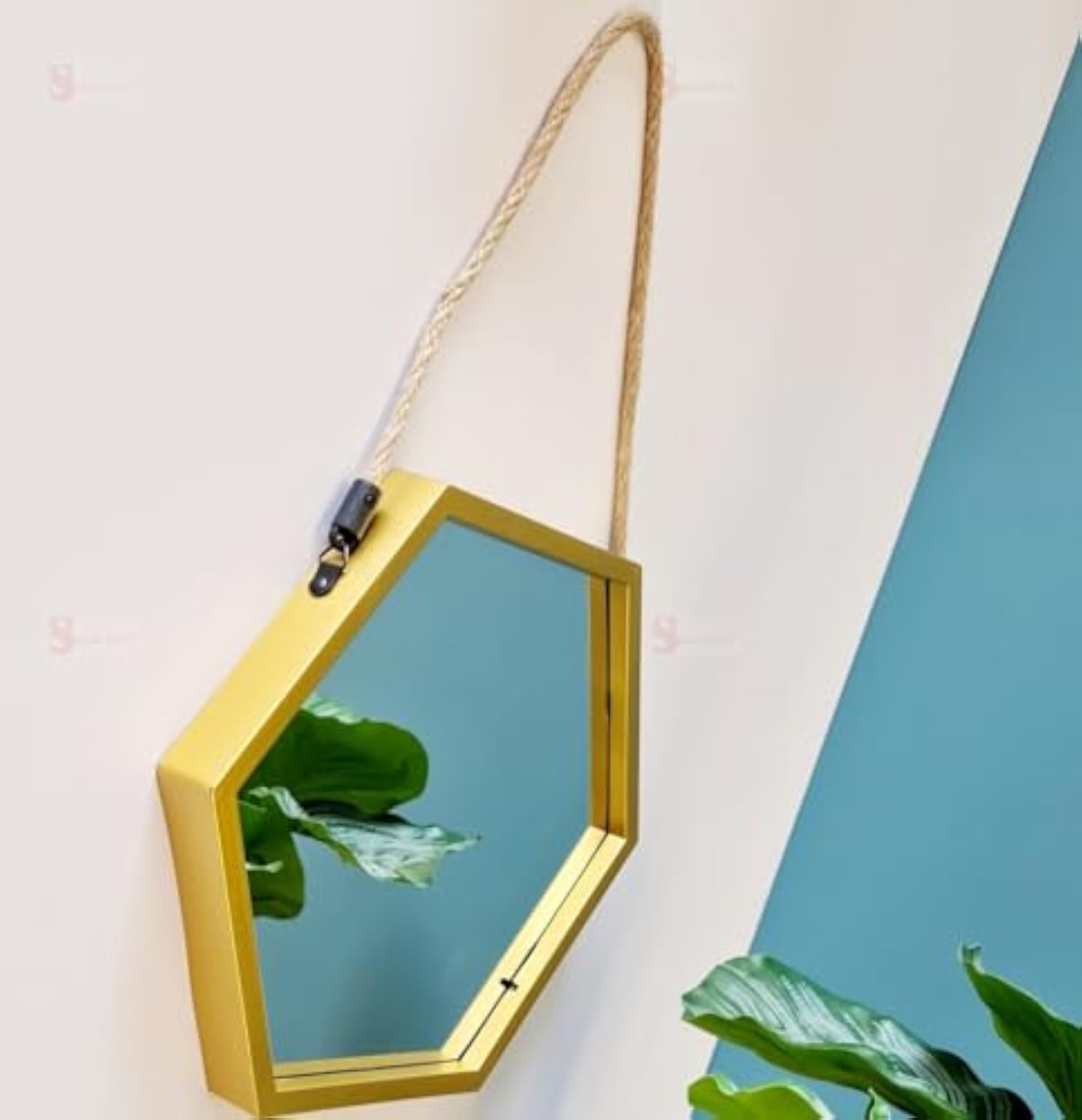 Hexagonal Wall Mirror Frame with Jute Handle for Home Decor