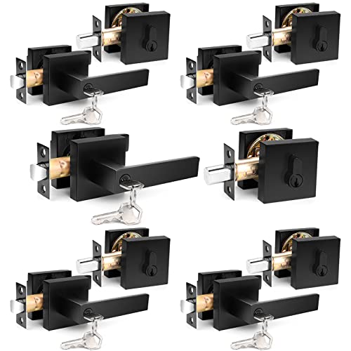 Probrico Heavy Duty Square Entry Levers and Single Cylinder Deadbolts Combo Pack, Flat Black Keyed Alike Entry Door Locksets for Office Bedroom and Front Door, 5 Pack(All Same Keys)