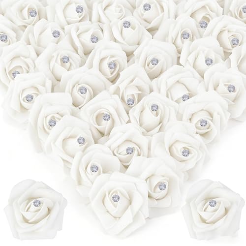 Image of 100Pcs Real Looking White with Diamonds Artificial Rose Flower Heads, Foam Fake Roses for DIY Wedding Decorations Baby Shower Centerpieces Home Party Valentine's Day Mother's Day Decor