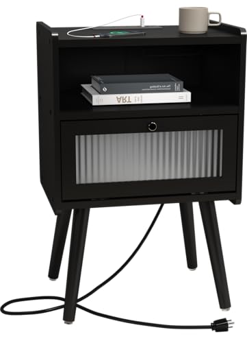Mid Century Modern Nightstand with Charging Station, Bedside Tables with Glass Decorative Door, End Table Side Table with 2 Tiers Storage Space, for Bedroom, Living Room, Black
