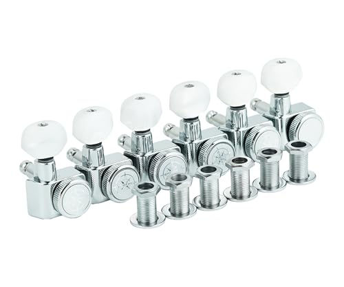 Image of Guyker 6 In-line Guitar Locking Tuners - 1:18 Lock String Tuning Key Pegs Machine Heads for Folk Classical Acoustic Electric Guitar - Pearl Buttons, Chrome