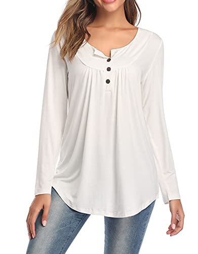 Camiseta de Mujer Cuello V Tops Mangas Largas T-Shirt Botones Elegante Moda Ocasional Sólida Blusa de Mujer Blanco Crema Cover