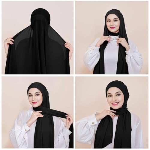 XEPST Instant Hijab for Women, Islamic Muslim Chiffon Hijab with Matching Tie Back Hijab Undercap Soft Instant Hijab Ready to Wear Solid Color Headscarf Turban Wrap Hijab Scarf for Women, Black3