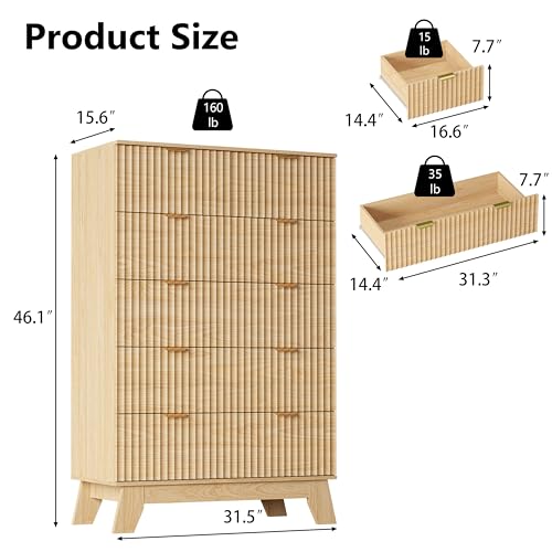 Image of Oak Dresser 6 Drawer Dresser for Bedroom, 46 inch Tall Fluted Wooden Dresser Storage Cabinet and Chest of Drawers with Metal Handle, Storage Organizer for Living Room, Hallway, Entryway, Wood Color