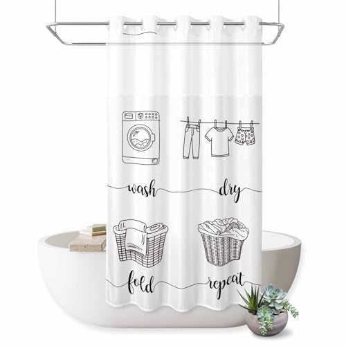 JQZDFBGN No Hooks Shower Curtain, Wash Dry Fold Repeat Words