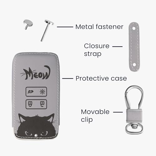 kwmobile Key Cover Compatible with Renault 4 Button Car Key Smart Key (only Keyless Go) - Faux Leather - Meow Cat Grey/Black - Image 4