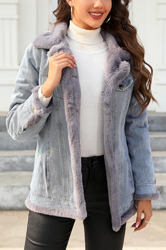 Bellivera Women'S Denim Jacket Sherpa Fleece Lined Coats Faux Fur Warm Fall Jean Trucker Outerwear 22735 Black M thumb #6