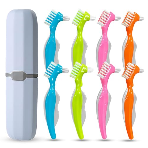 8 Stück Prothesenzahnbürste 16 cm Tragbare Prothesenreinigungsbürsten Mehrschichtigen Borsten Und Ergonomischem Gummigriff Prothesenbürste mit Tragbare Zahnbürstenbox (8 Blau Grün Orange Rosa)
