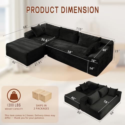 Korser 110" Boneless Modular Sectional Sofa with Chaise, L-Shaped Comfy Corduroy Fluffy Couch with Deep Seat and Side Pockets, Flexible Module Combination for Living Room, No Assembly, Side Pockets - Image 2