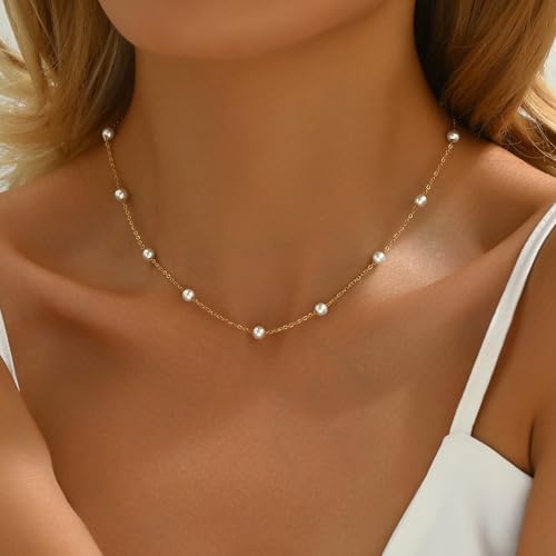 foyjoey Dainty Pearl Choker Necklace Adjustable Handmade Gold Pearl Beaded Chain Necklace for Women Bridesmaid Wedding Jewelry Christmas — view 2