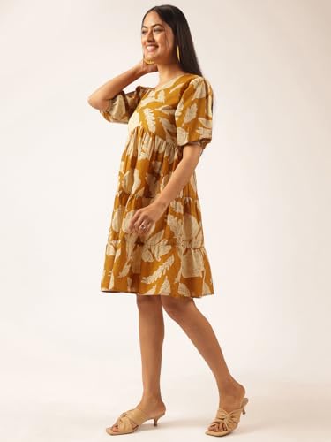 Image of Vbuyz Women's Floral Print Flared Cotton Beige Stitched Dress