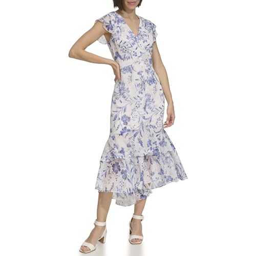 Image of Tommy Hilfiger Women's Flutter Sleeve V-Neck Ruffle Trim Hi-Lo Midi Dress
