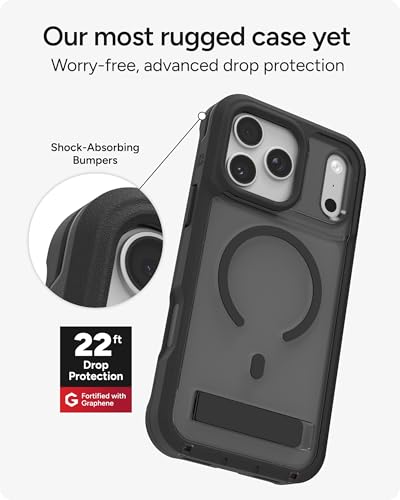 Image of ZAGG Rainier Case with Kickstand for iPhone 17 Pro Max - Smoke Black, Graphene 22ft (7m) Drop Protection, Lanyard Attach Points, MagSafe, Wireless Charging Compatible, 2-Piece Design, Phone Case