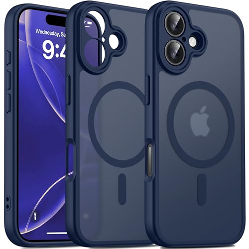 Image of Oterkin Magnetic for iPhone 17 Case Matte,Upgraded Full Camera Protection Compatible with MagSafe Frosted Translucent Shockproof Anti-Scratch Slim Fit Case Military Grade Protection (Dark Blue)