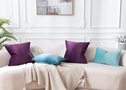 Image of JUSPURBET Velvet Throw Pillow Covers 14x14 Set of 2,Eggplant Purple | Modern Soft Decorative Cushion Covers with Hidden Zipper for Couch Sofa Bed Living Room Bedroom Home Decor