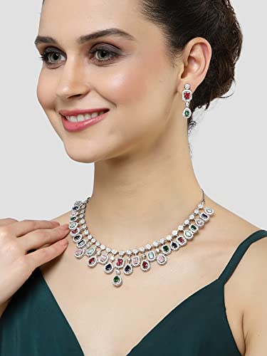 Image of Karatcart Silver Toned American Diamond Studded Jewellery Set for Women