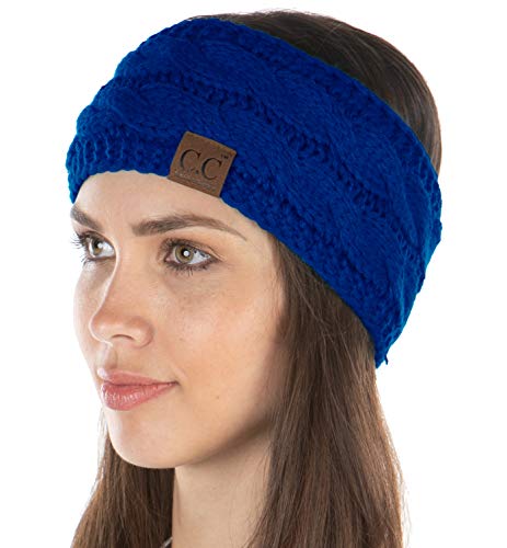 Funky Junque Adjustable Winter Headband for Women Knitted Fleece Lined Ear Warmer Headband Earmuffs - Royal Blue