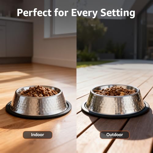 Image of Amazon Basics Stainless Steel Pet Feeding Bowls for Dog & Cats | Anti Slip Base | Hammering in SS Shiny - 900 ml