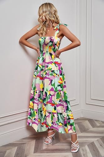 Image of kinstell Women's Summer Boho Spaghetti Strap Square Neck Ruffle Casual Flowy Long Dress Beach Swing Party Maxi Dress