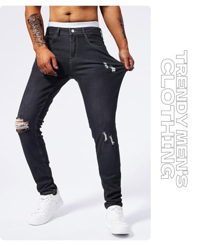 Jeans Pants Trousers Denim Men Stretch Slim Fit Trendy Street Worn Hole Wash Punched Casual Commuter Straight Leg3