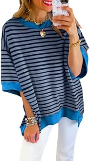 SHEWIN Womens Tops Casual Short Sleeve Sweatshirt Crewneck Striped Shirt Pullover T Shirts Loose Blouses