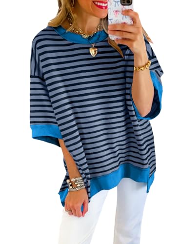 SHEWIN Womens Tops Casual Short Sleeve Sweatshirt Crewneck Striped Shirt Pullover T Shirts Loose Blouses